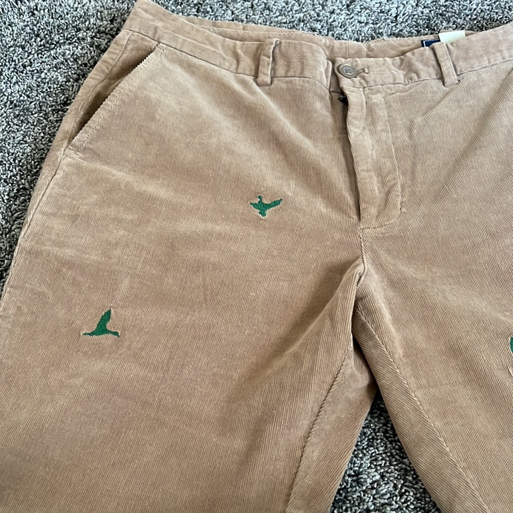 Vineyard Vines Tan Corduroy Pants with Green Duck Embroidery